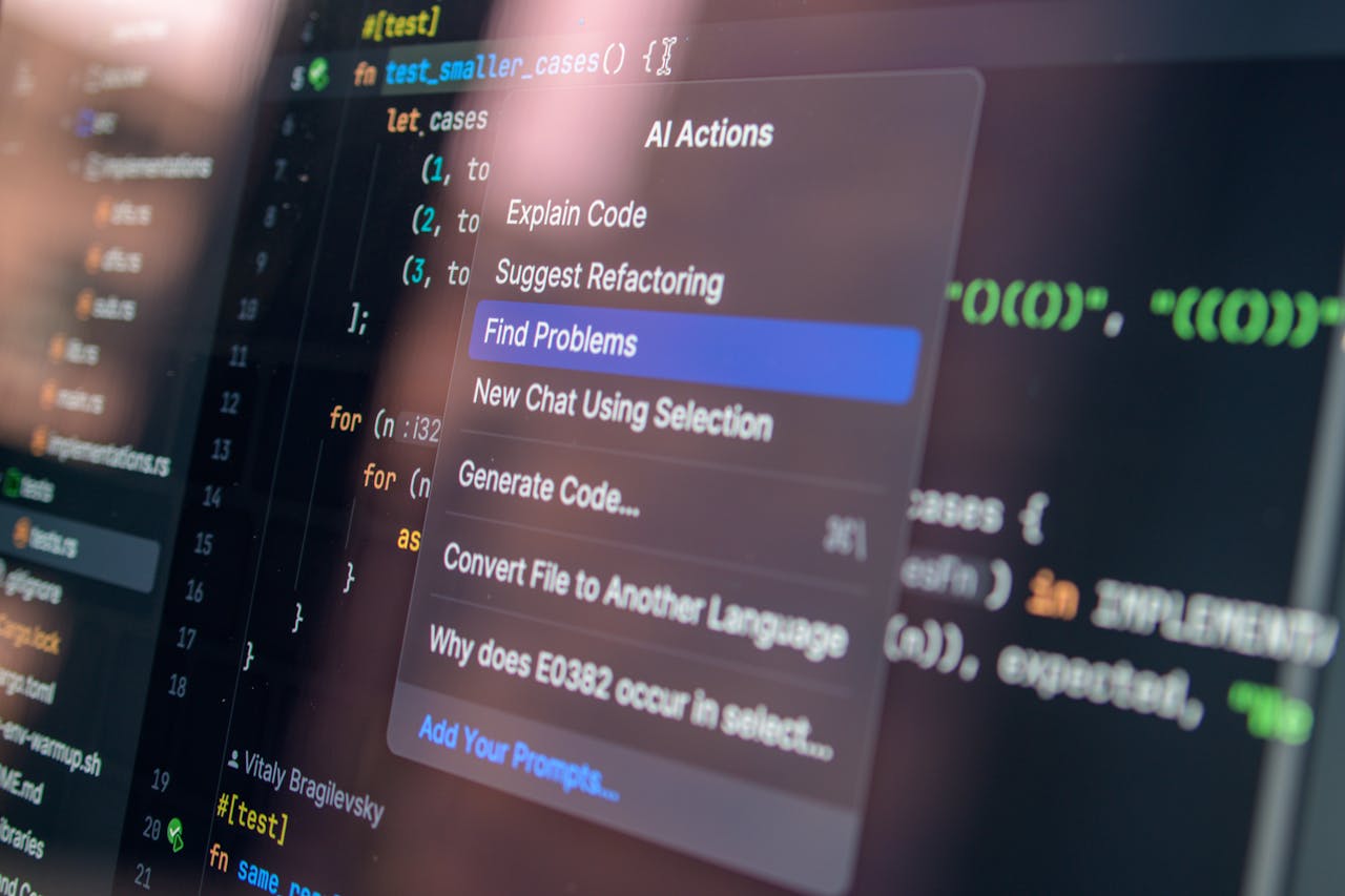 team-01 Close-up of AI-assisted coding with menu options for debugging and problem-solving.